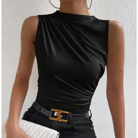 Rouge! Tops - Ruched Black Asymmetrical Sleeveless Shirt Top Stretchy